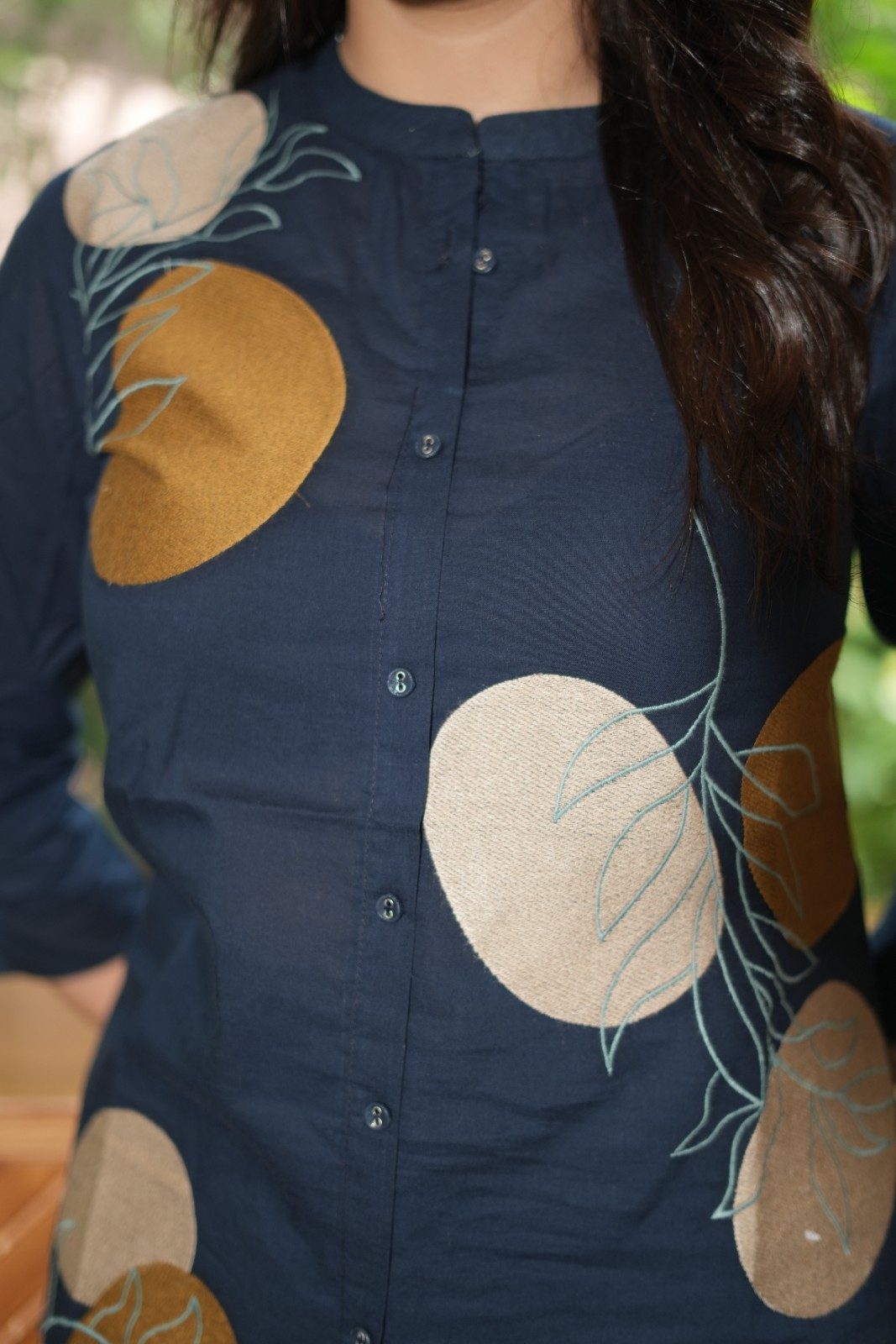 Navy Blue & Mustard Floral Embroidered Cotton Kurti