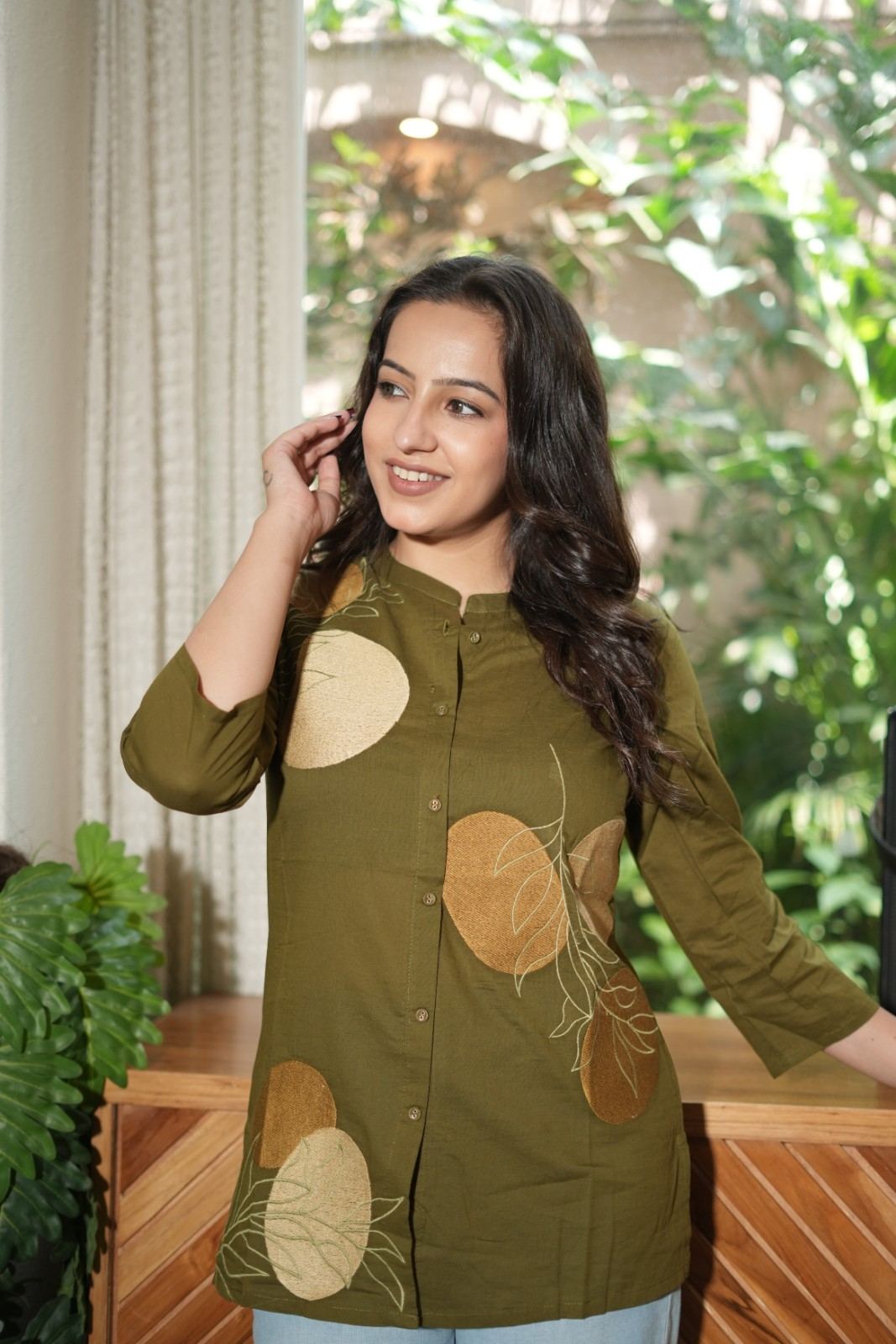 Olive Green & Mustard Floral Embroidered Cotton Kurti