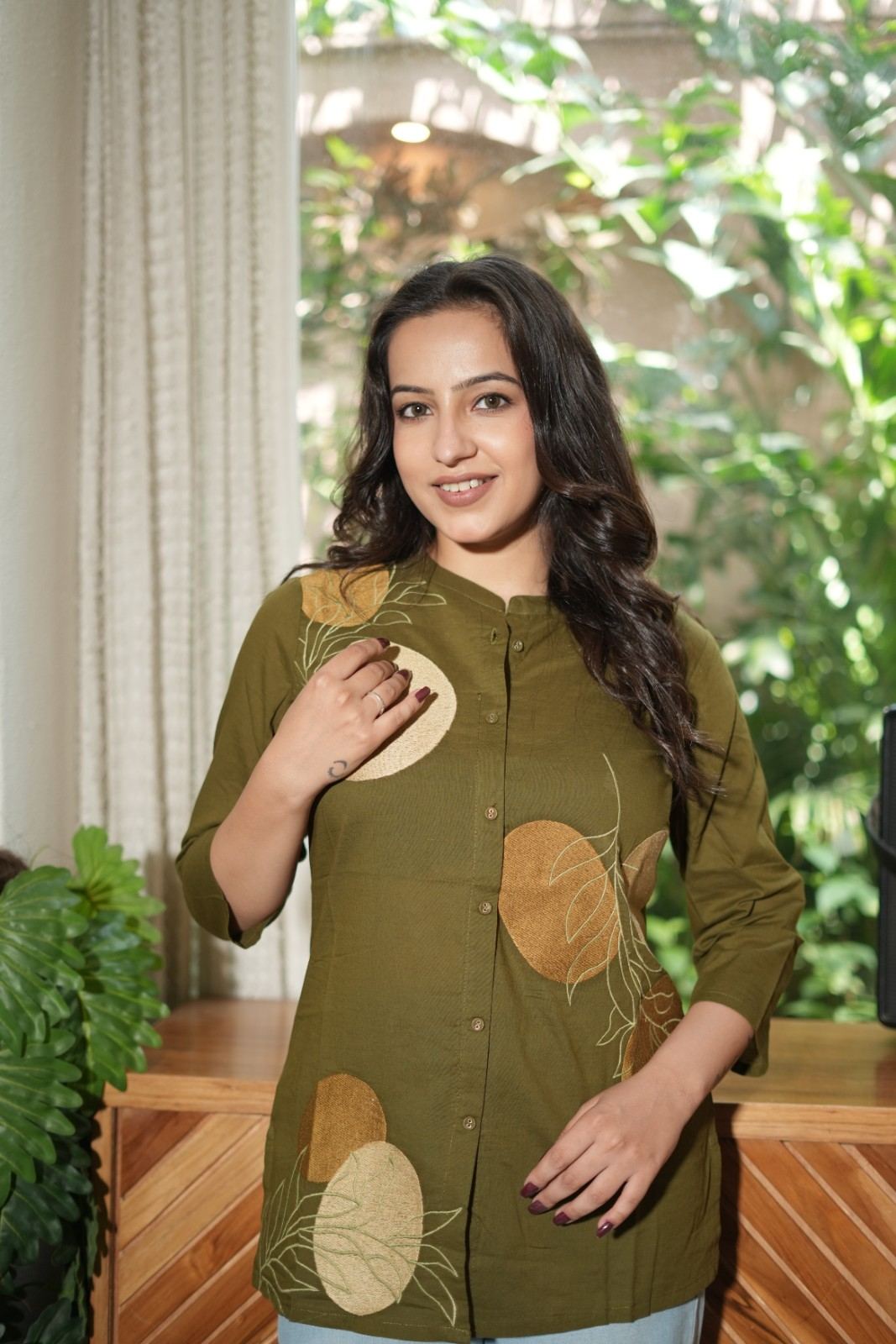 Olive Green & Mustard Floral Embroidered Cotton Kurti