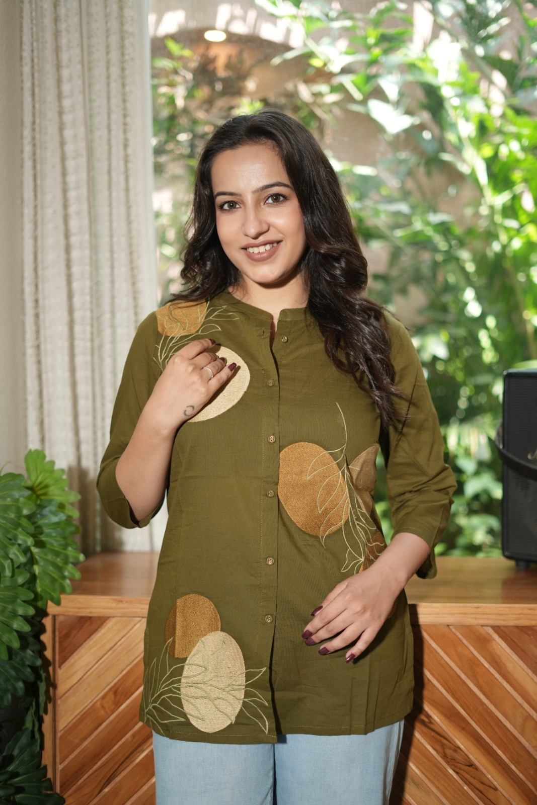 Olive Green & Mustard Floral Embroidered Cotton Kurti