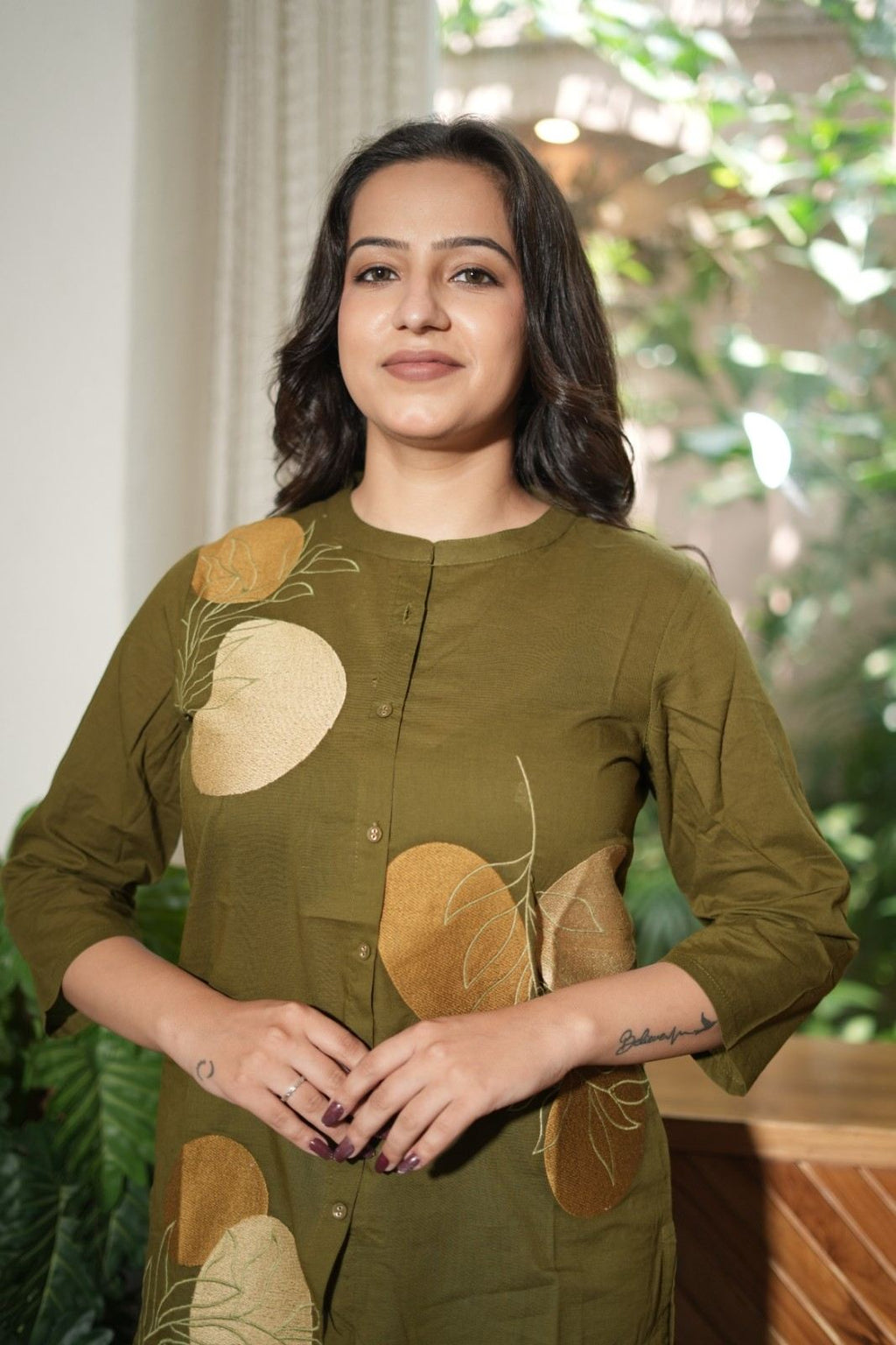 Olive Green & Mustard Floral Embroidered Cotton Kurti