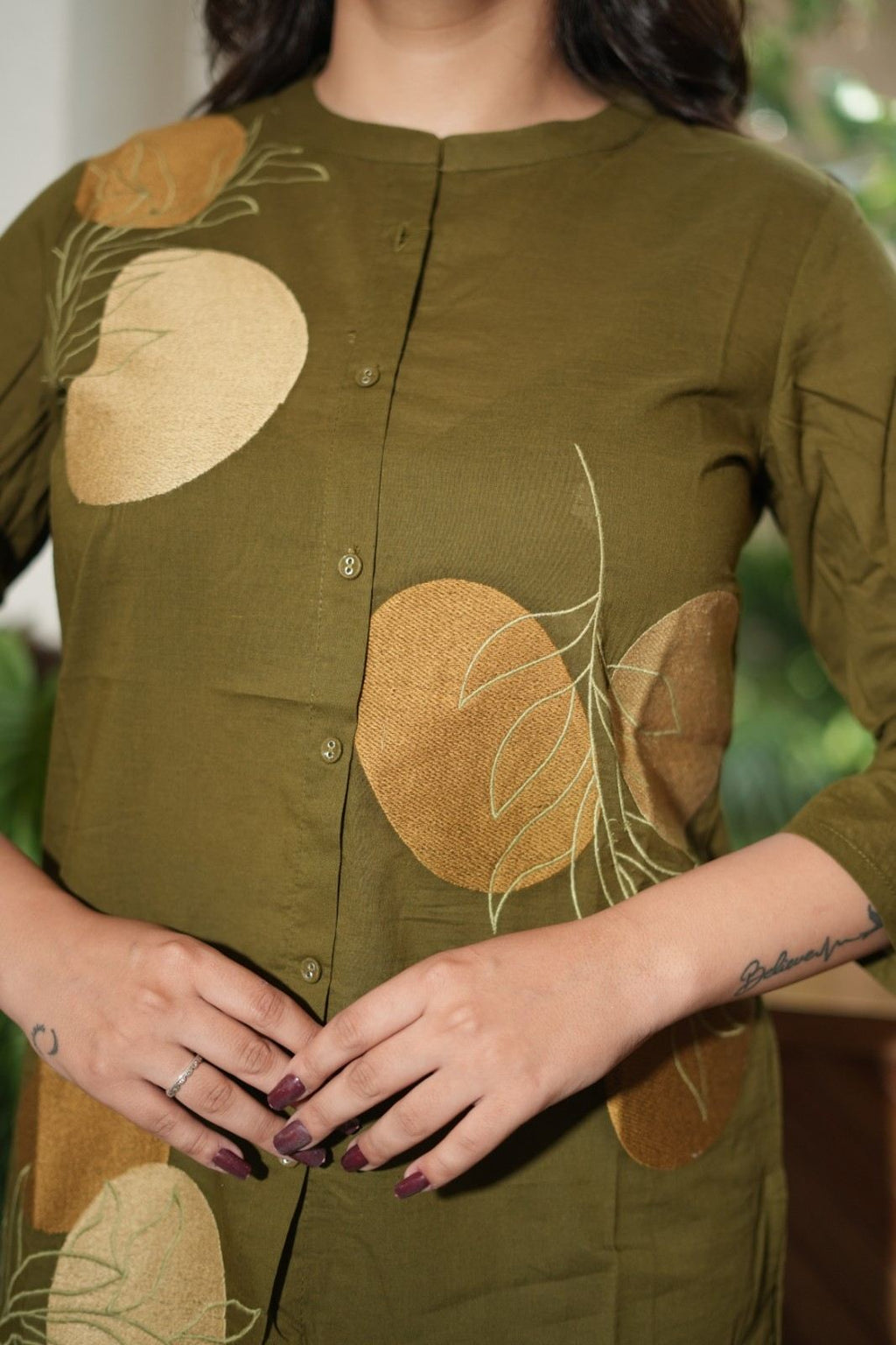 Olive Green & Mustard Floral Embroidered Cotton Kurti