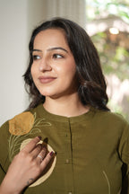 Olive Green & Mustard Floral Embroidered Cotton Kurti