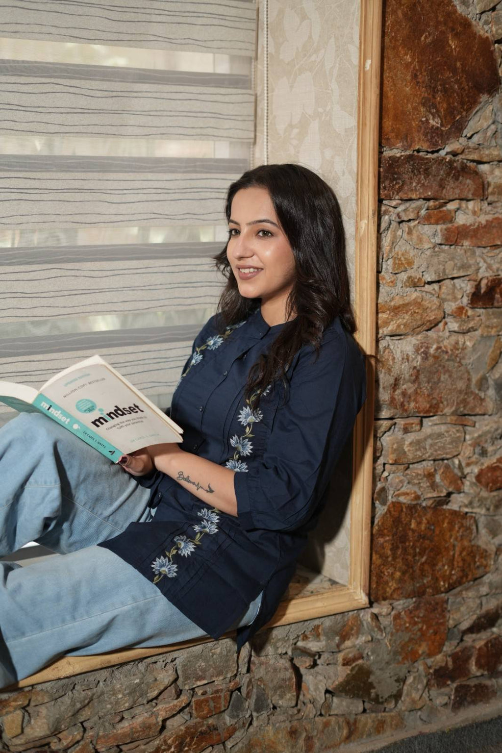 Navy Blue Floral Embroidered Cotton Shirt-Style Kurti