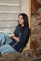 Navy Blue Floral Embroidered Cotton Shirt-Style Kurti