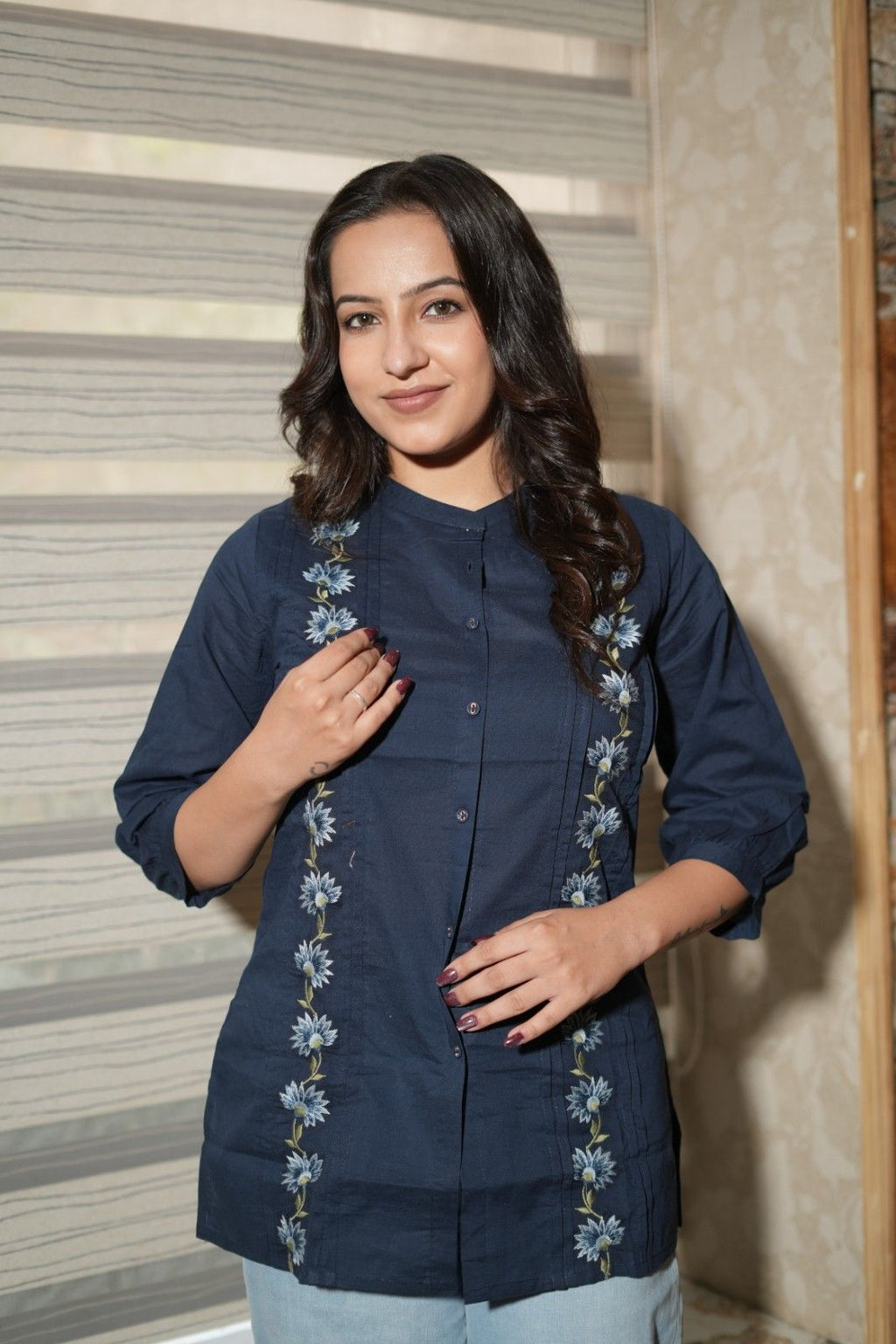 Navy Blue Floral Embroidered Cotton Shirt-Style Kurti