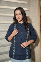 Navy Blue Floral Embroidered Cotton Shirt-Style Kurti