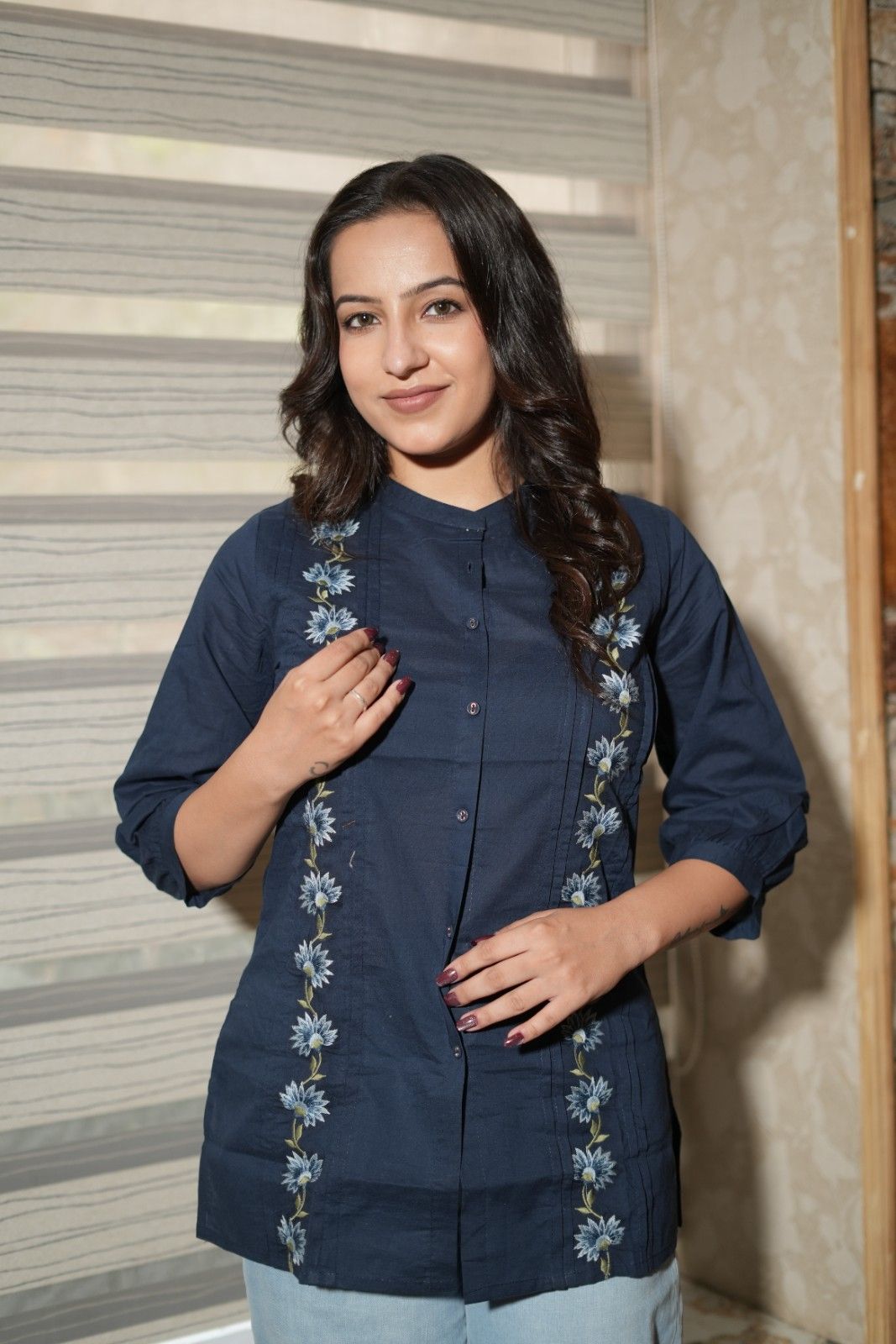 Navy Blue Floral Embroidered Cotton Shirt-Style Kurti