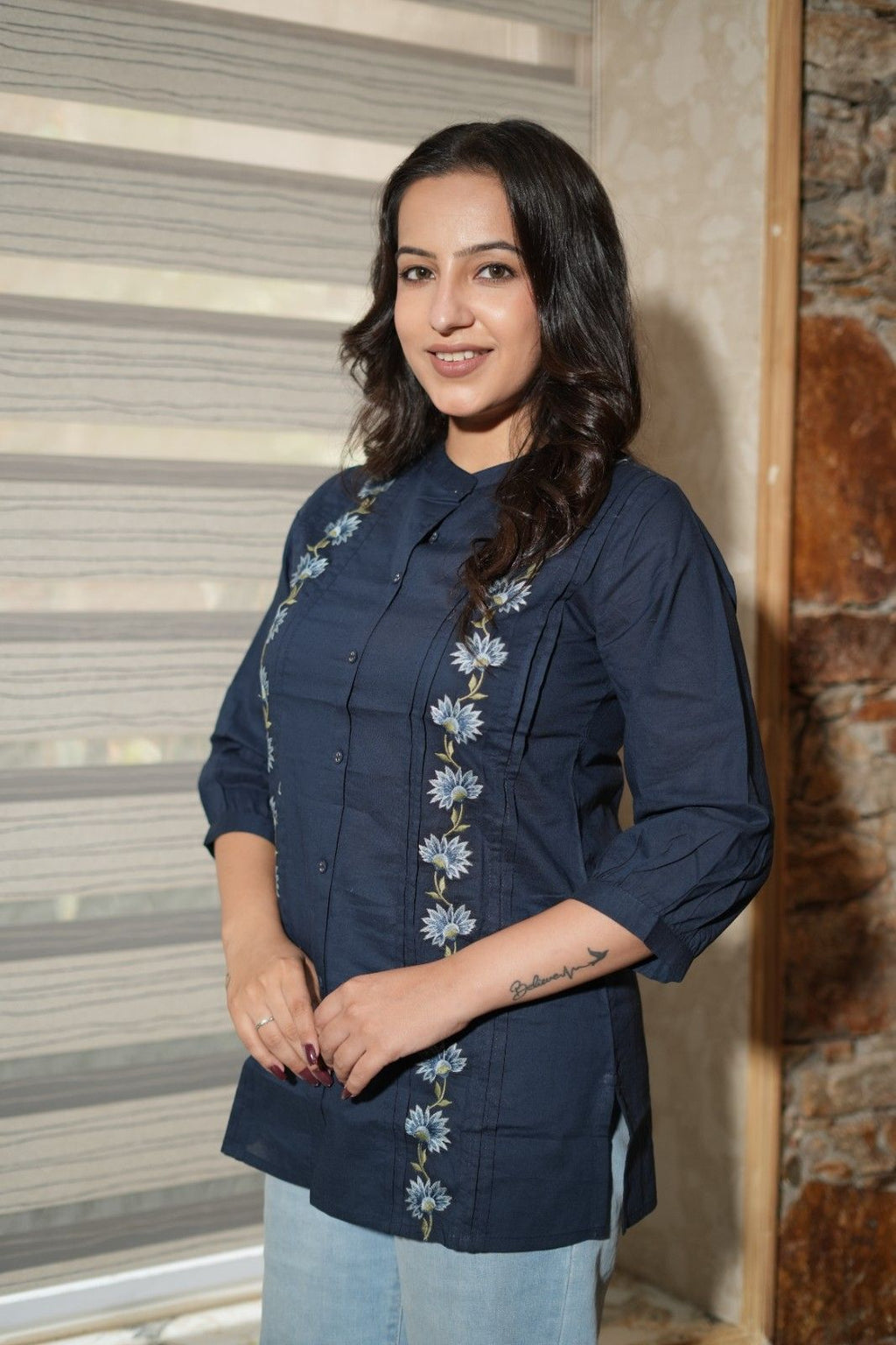 Navy Blue Floral Embroidered Cotton Shirt-Style Kurti