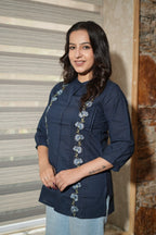 Navy Blue Floral Embroidered Cotton Shirt-Style Kurti