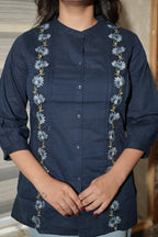 Navy Blue Floral Embroidered Cotton Shirt-Style Kurti