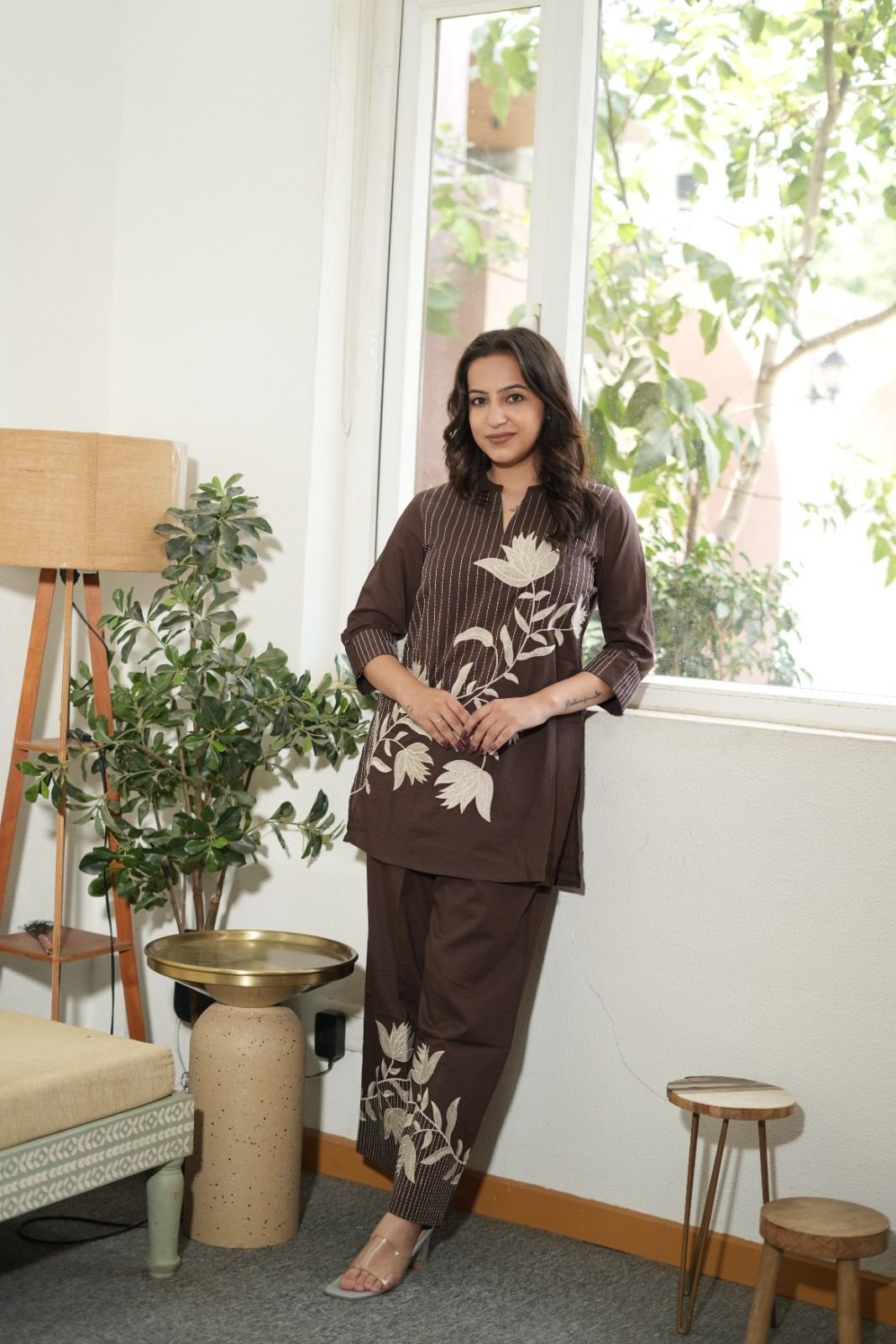 Women’s Brown Floral Embroidered Co-Ord Set