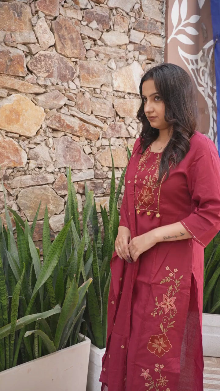 Maroon Embroidered Straight Kurta Set with Dupatta