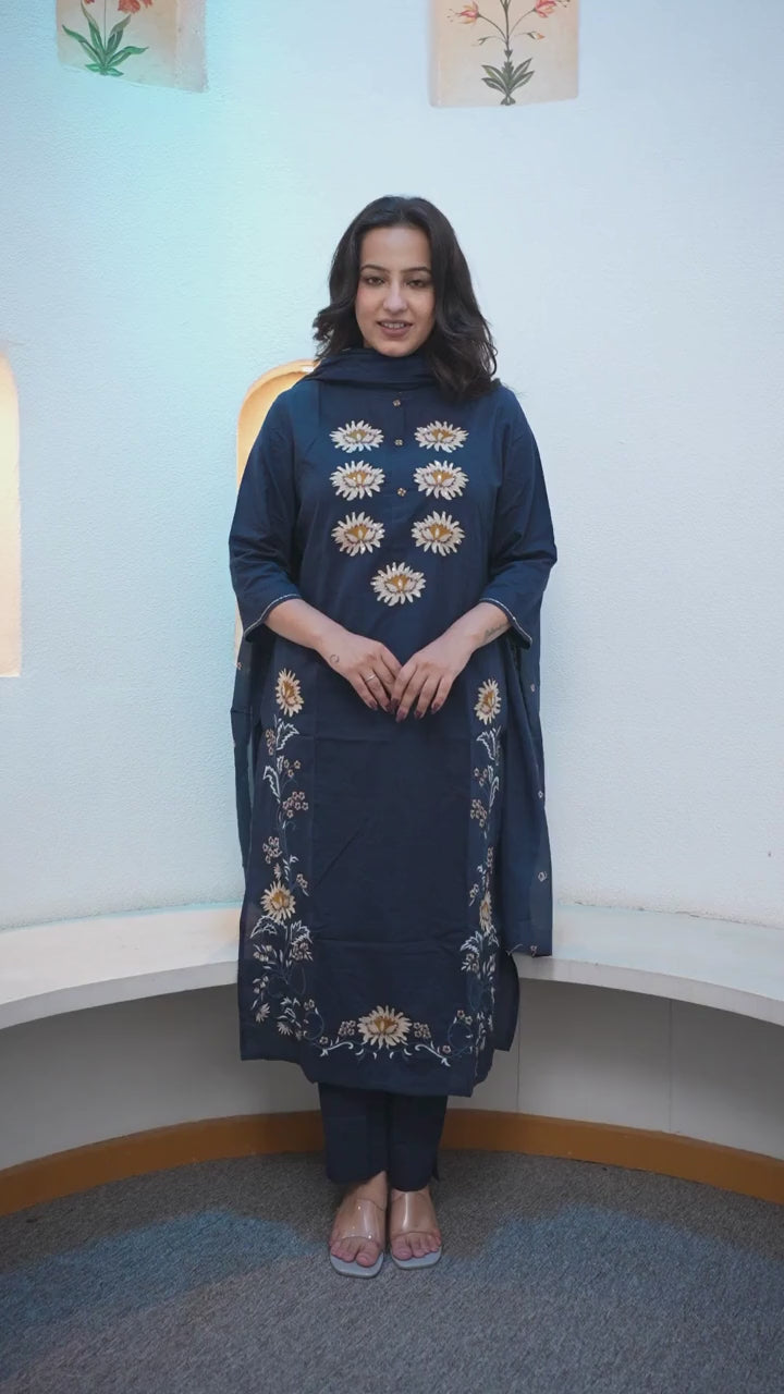 Navy Blue Floral Embroidered Straight Kurta Set