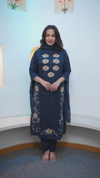 Navy Blue Floral Embroidered Straight Kurta Set