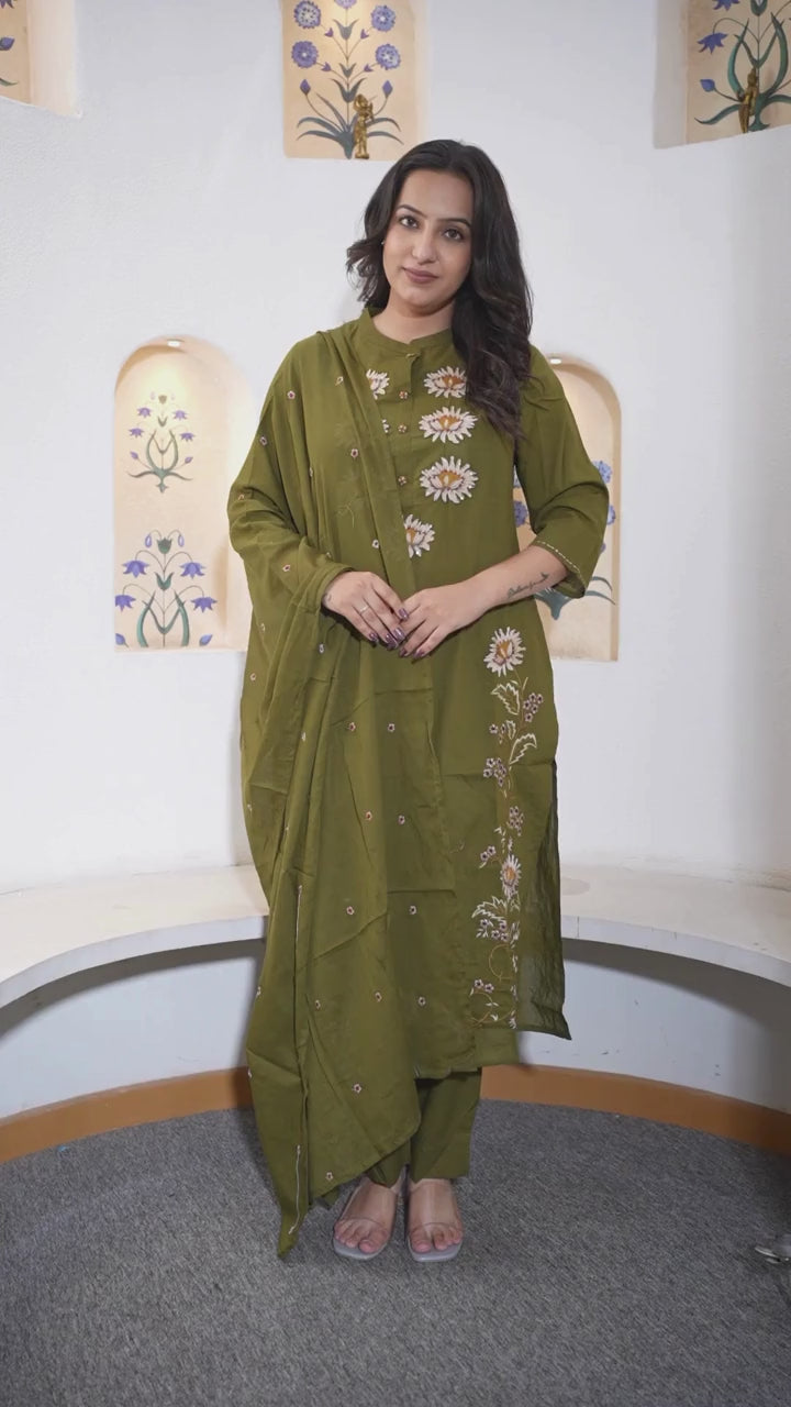 Olive Green Floral Embroidered Handwork Kurta Set